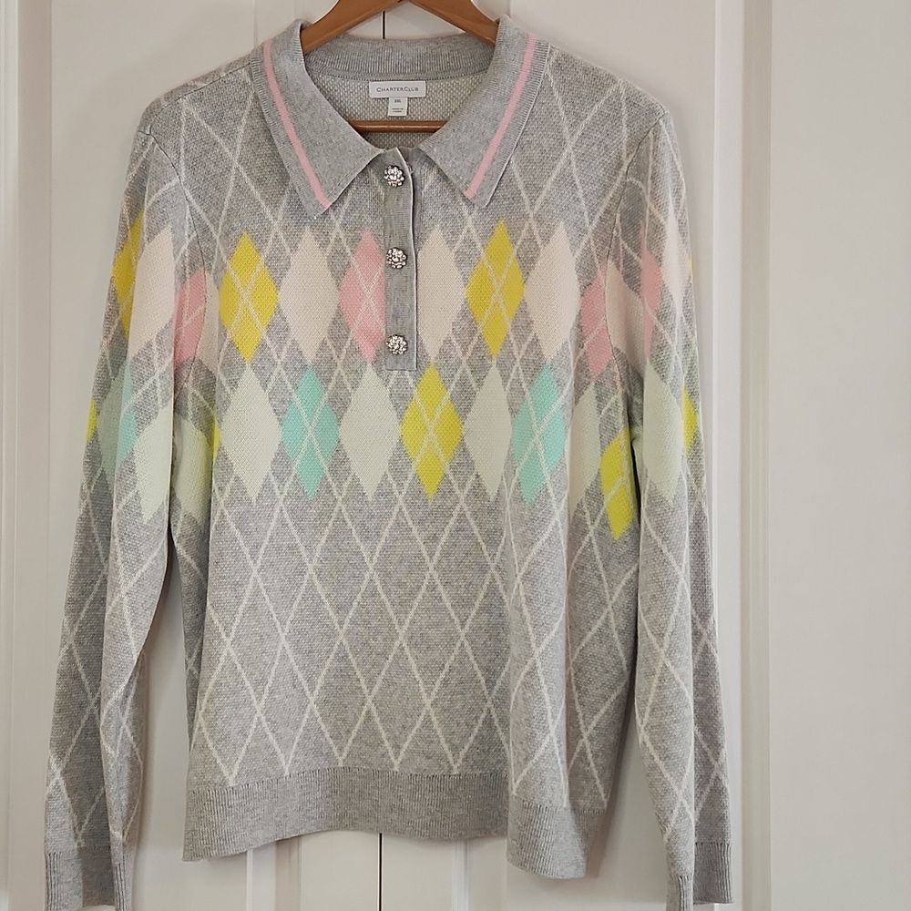 Charter Club Pastel Argyle Sweater knitted polo top Gray Pastel Colors Size XXL